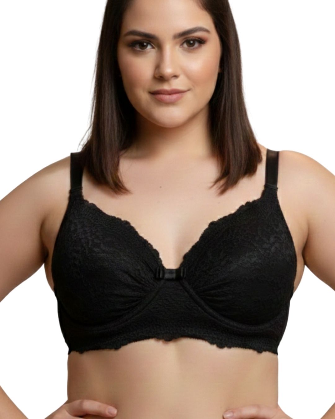 Sutiã reforçado preto em renda lese com base larga de elástico para sustentação, bojo e alças firmes. Detalhe de laço de cetim delicado. Disponível do M ao GG.